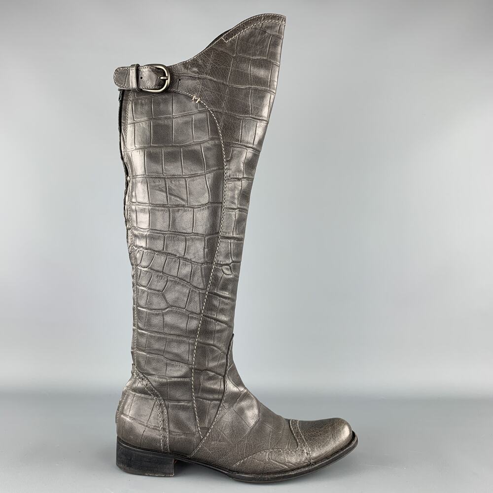 HENRY BEGUELIN Size 8.5 Grey Crocodile Embossed Leather Knee High Boots